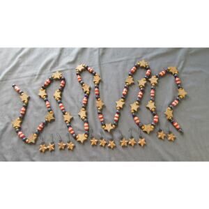 Wood 7.5’ Long Garland Stars, Red/White Striped Beads 12 Star Ornament Patriotic